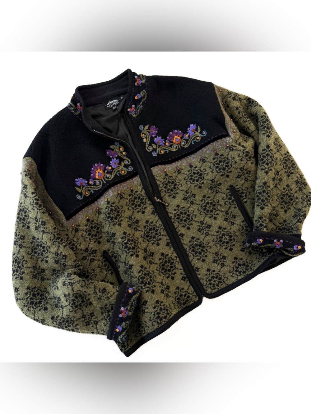 Icelandic Design Wool Lined Jacket Womens Size 2X Nordic Floral Embroidered